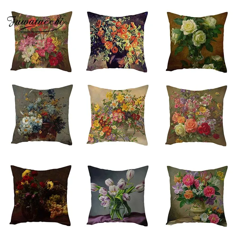 Fuwatacchi новинка 2020 винтажные картины цветов льняная наволочка картина маслом розы