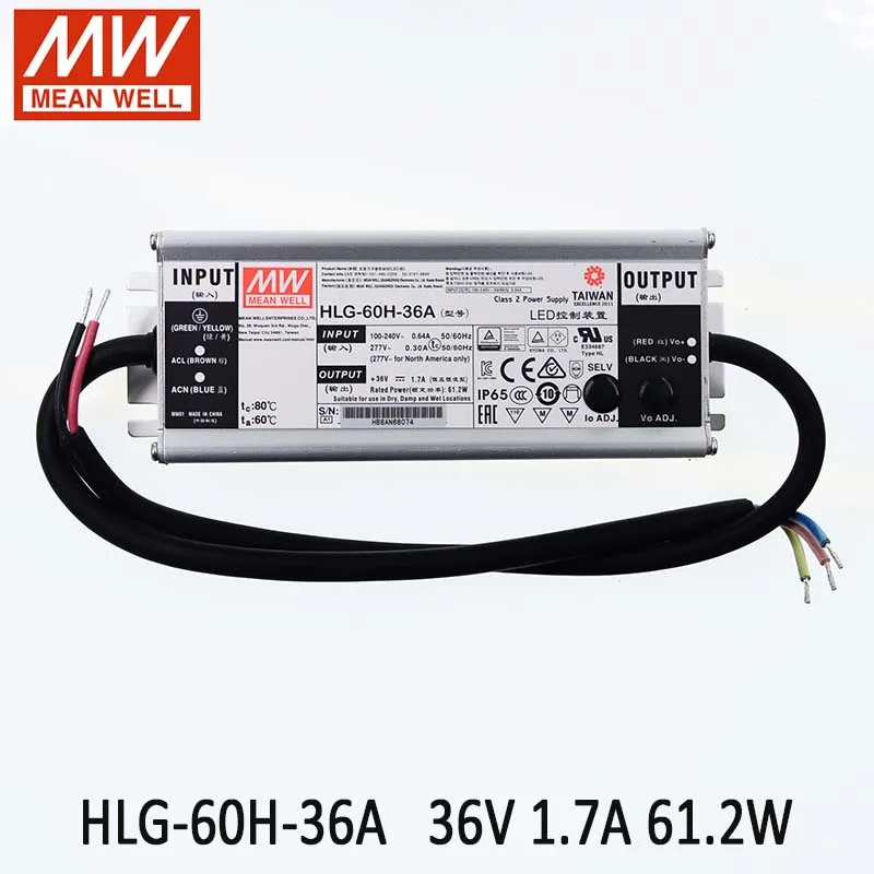 MEAN WELL светодиодный драйвер HLG 60H 36A 60 Вт 36 В выключатель питания 110 В/220 переменного