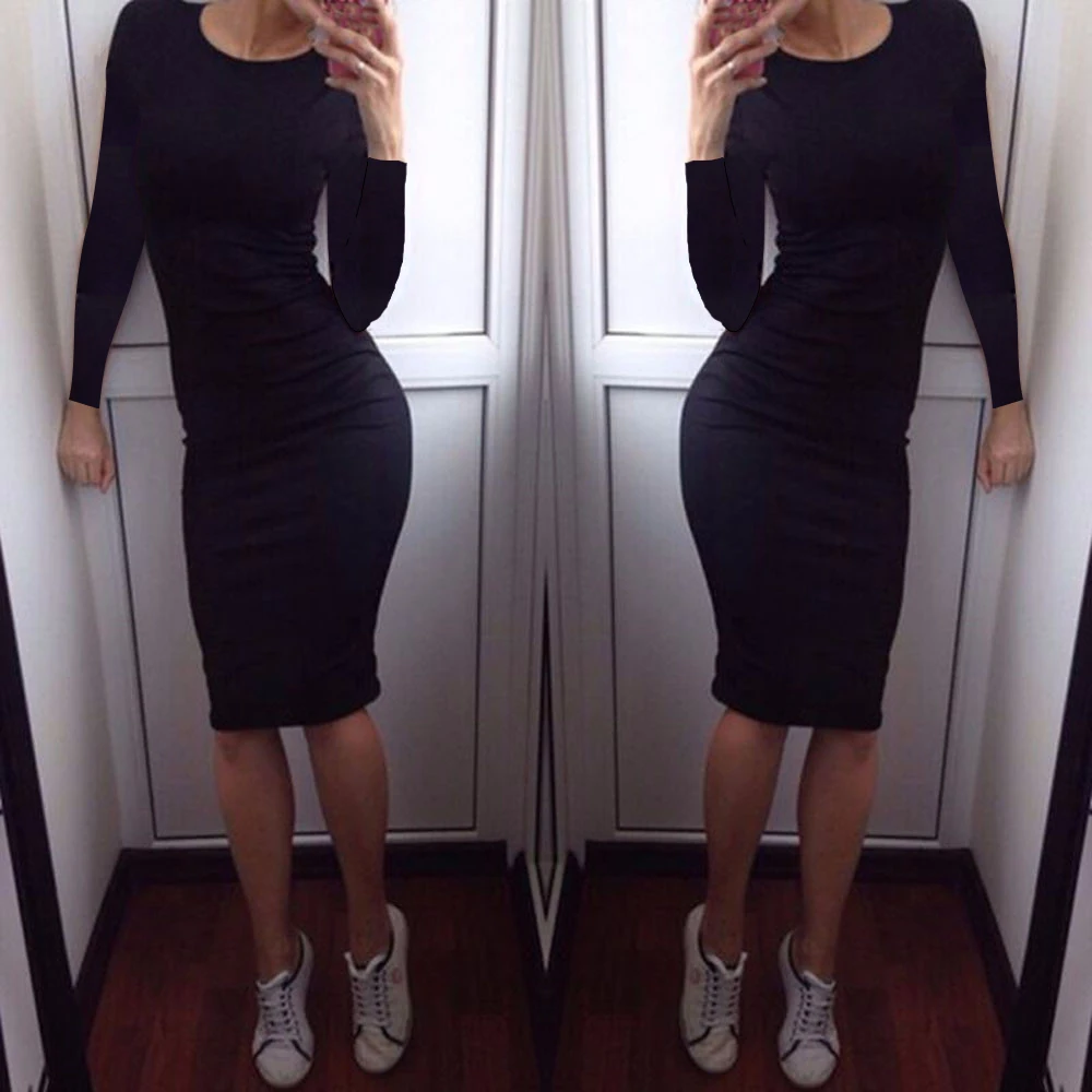 Осенне-зимнее женское платье Vestido с коротким рукавом, тонкое облегающее короткое платье с длинным рукавом, туника с вырезом лодочкой, Повседневное платье-карандаш, Прямая поставка