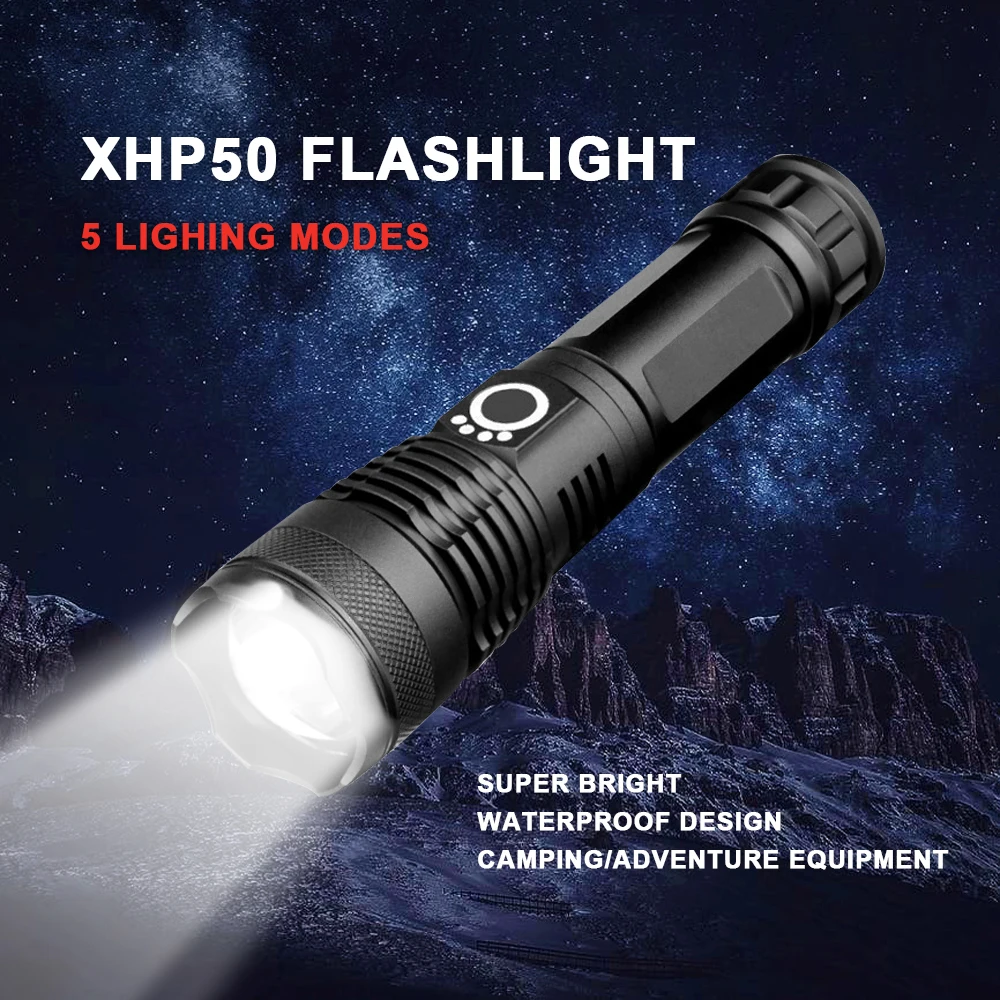 Мощный светодиодный фонарик с XHP 70,2, лампа с бусинами, масштабируемый, 3 режима освещения, светодиодный фонарь, USB Перезаряжаемый, для кемпинга, охоты, лампа