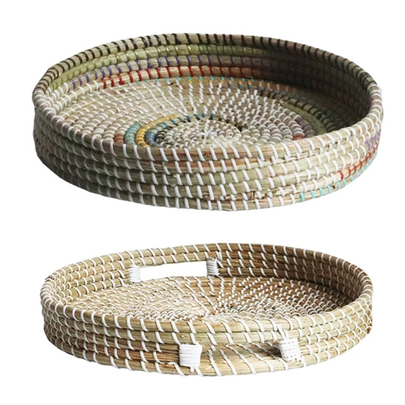 

35ED Hand Woven Fruit Basket Round Rattan Serving Tray Food Storage Plate Candy Snack Bread Organizer Home Kitchen Living Room