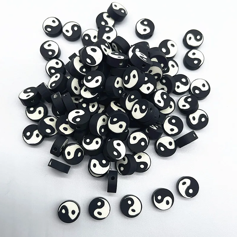 30pcs10mm черный Тай Чи дизайн Полимерная глина Spacer Бусины для самостоятельного изготовления ювелирных изделий браслет аксессуары - изображение