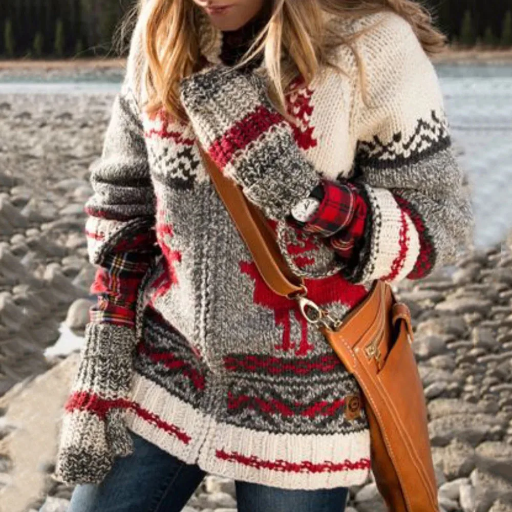 Рождественский вязаный свитер для женщин X'mas Ретро кэжуал Elks принтованное