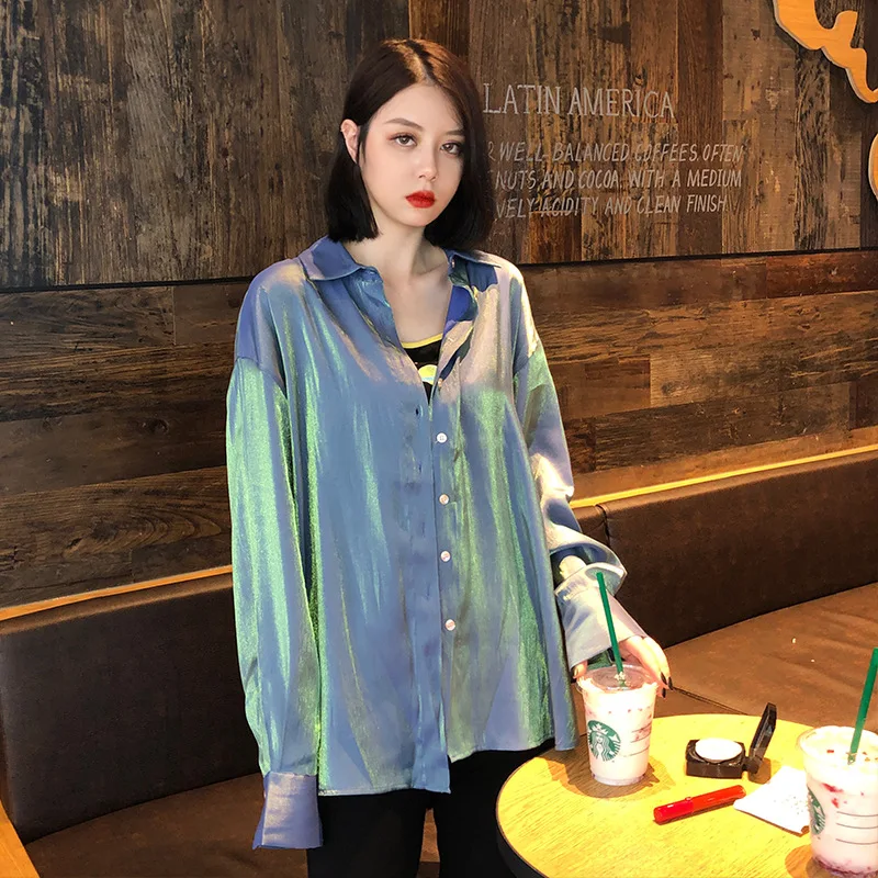 

Women Satin Silk Blouse BlingBling Shirt Elegant Solid Color Luster Pullover High Grade Loose Women Top Office Lady Long Sleeve