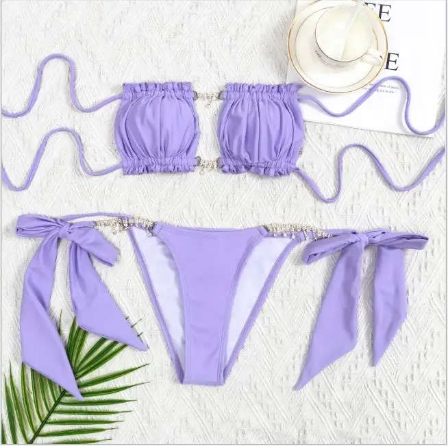 

2pcs Women's High Waist Bikinis Set , Ruffle Bandeau Backless Swimsuit Cheeky Thong Bathing Suit Tie Knot Swimwear