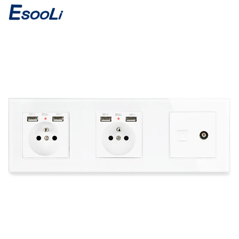 Двойная французская стандартная розетка со стеклянной панелью ESOOLI с 4 USB портами