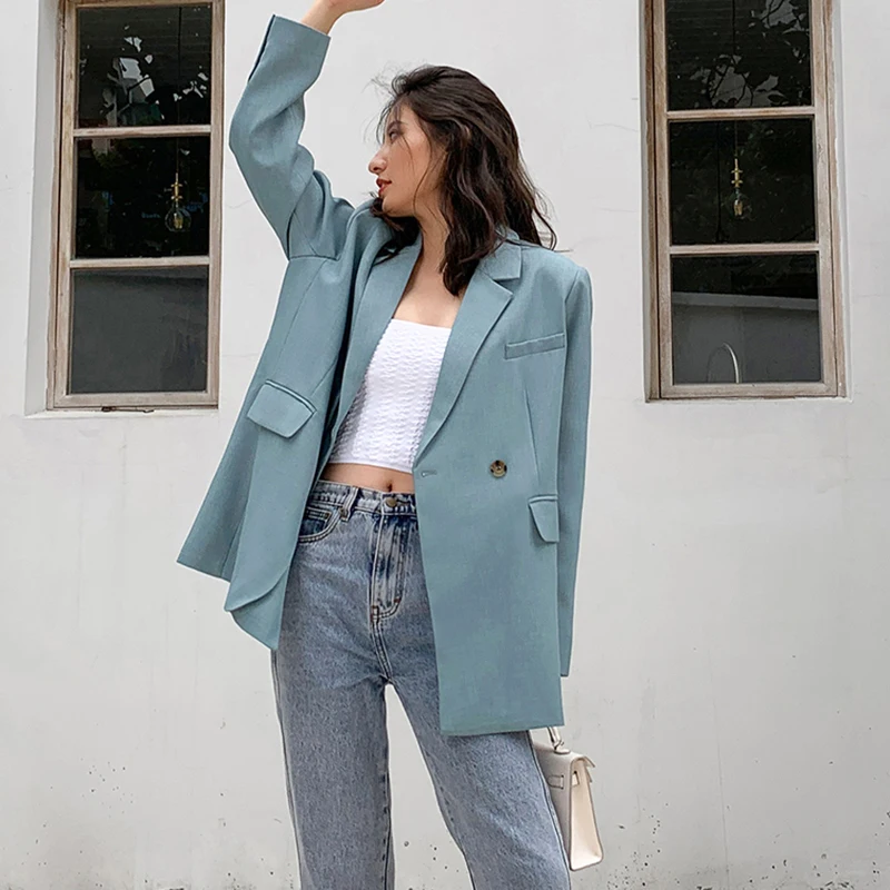 

SHENGPALAE Temperament Blue Suit Coat Women's Spring 2021 New Notched Loose Single Breasted Spliced Long Sleeve Blazer Female