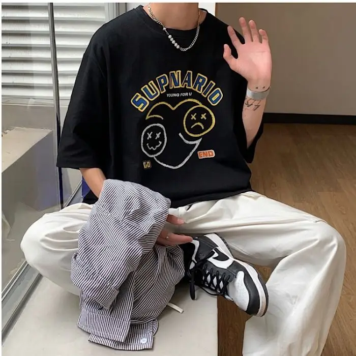 

Футболка мужская с коротким рукавом и надписью, тонкая Свободная рубашка с принтом, уличная одежда в стиле Харадзюку, цвет черный/белый, лет...