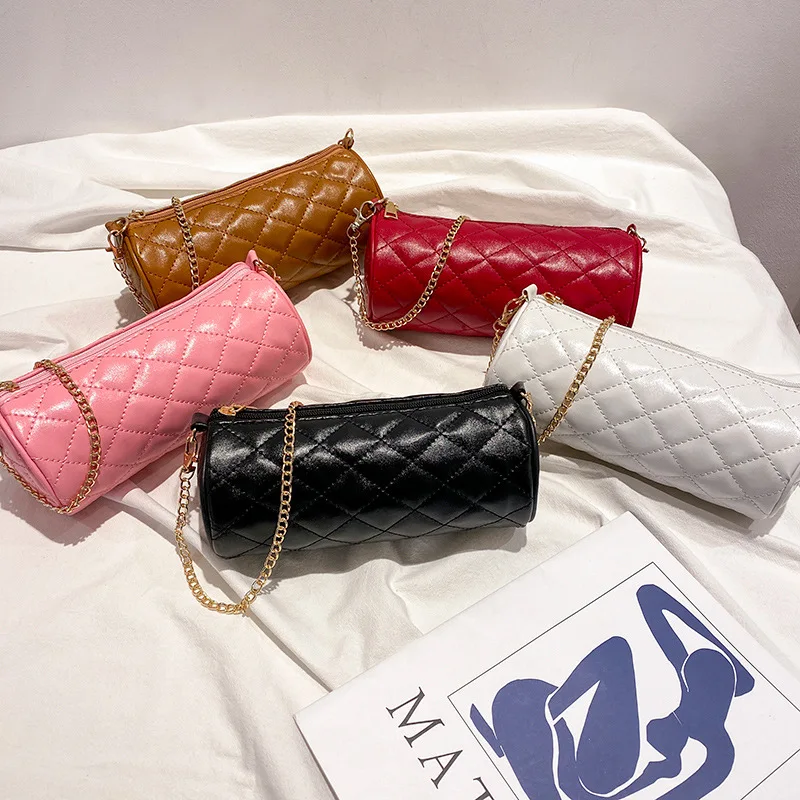

2021 New Embroidered Cylindrical Bag Women'S Mini Shoulder Bag Small Messenger Bag Fashion Casual PU Chain Feam Crossbody Purse