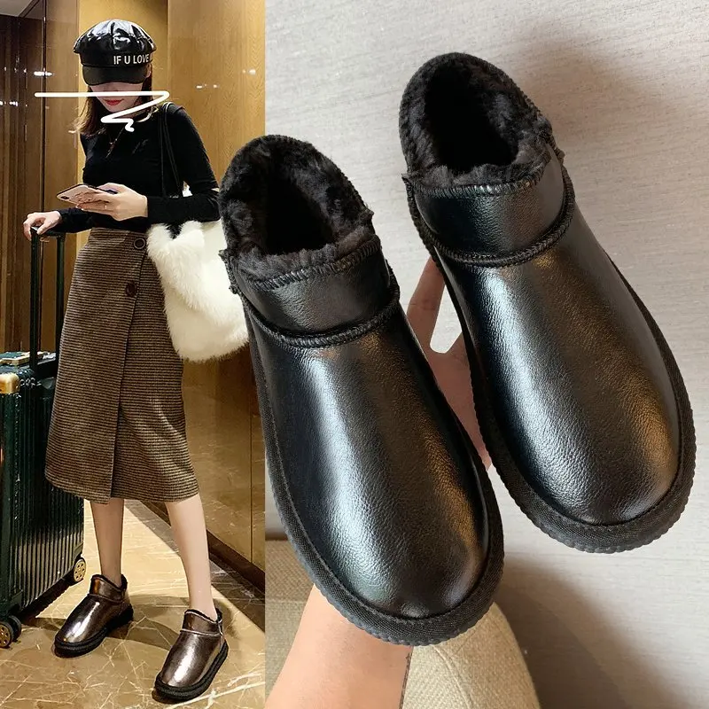 

Leather Snow Boots 2021 Winter New Fashion Plus Velvet Thick Waterproof and Warm Flat-bottomed Large Size Women's Cotton Boots