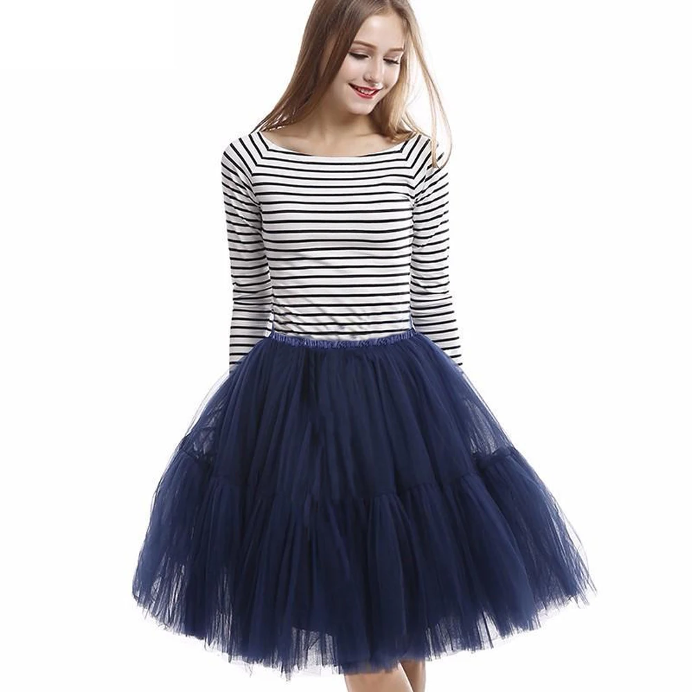 Navy blue 5 слоев 60 см юбка миди Тюлевая юбка эластичная талия винтажная юбка-пачка классический стиль Лолита Высокая талия женские Вечерние - Цвет: Navy blue