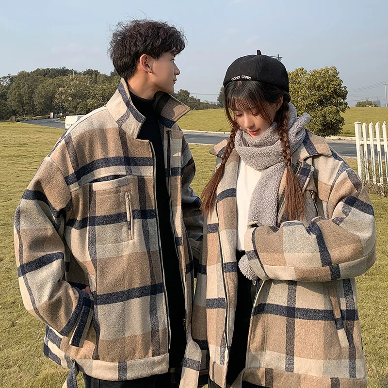 

Woolen Coat Men's Winter New Couple Woolen Short Plaid Coat Cotton Jacket Plus Size Men's Cotton Coat