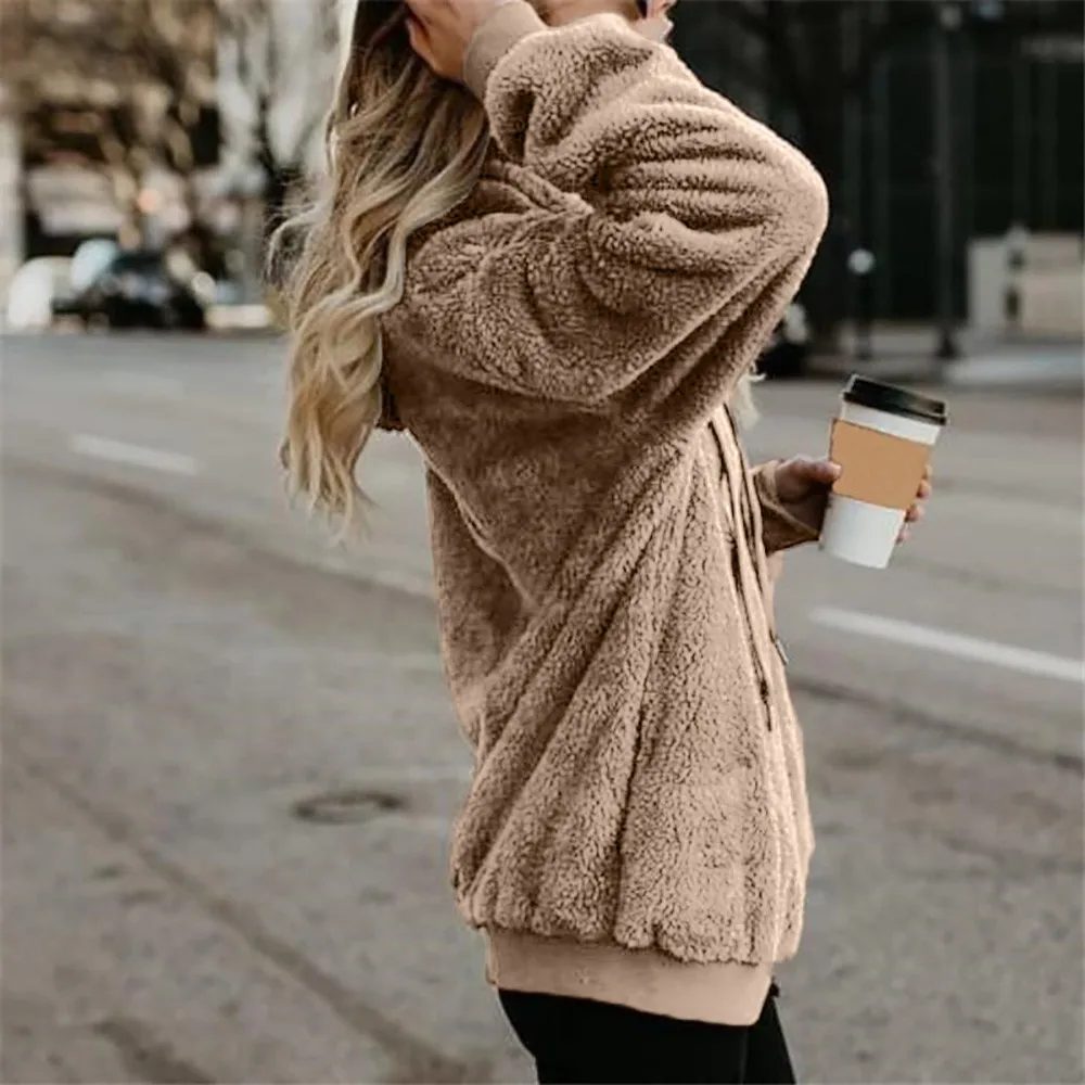 Warm Wool Coat Women Hooded Sweatshirt Winter Zipper Pockets Cotton Outwear Plush Casual Long Sleeve Hoodies sudaderas | Женская одежда