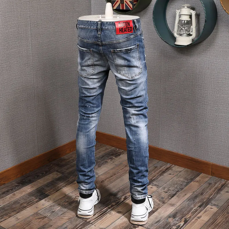 Newly Streetwear Fashion Men Jeans Retro Blue Plain Washed Slim Fit Ripped Jeans Men Brand Designer Vintage Casual Denim Pants
