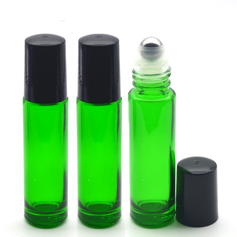 

50pcs 10ml Roller Glass Bottle Empty Essential Oil 10cc Roll-On ball thick Perfume Green Glass Bottle with Black Plastic Cap