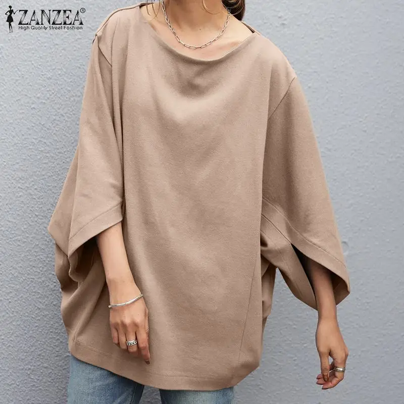Kaftan Baggy Tunic Women's Autumn Blouses ZANZEA 2022 Casual 3/4 Sleeve Knitted Blusas Female O Neck Tops Chemise Oversized Top
