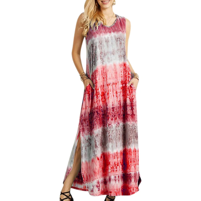 

Vicabo Dress for Women Side Split Long Casual Loose Dress Female Pocket Tie Dye Maxi Vestidos Summer Dress