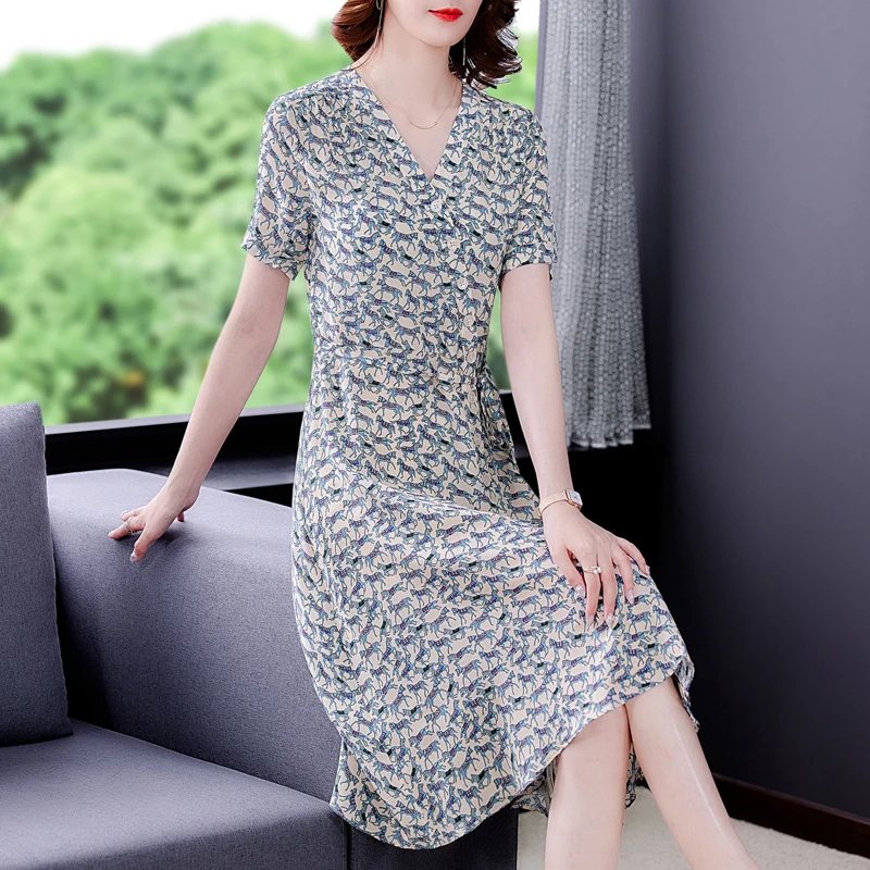 

Платье COIGARSAM женское с принтом, шелковое платье с коротким рукавом и V-образным вырезом, синее, для офиса, весна-лето 2021