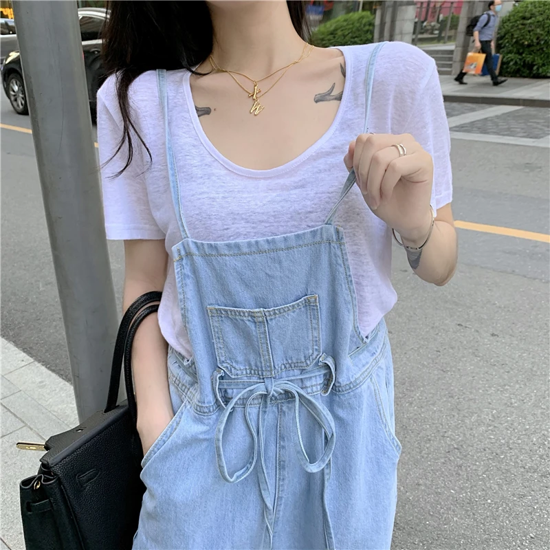 

Jumpsuits Women Quality Vintage Korean Summer Chic High-waist Womens Denim Street Jumpsuit Suspender Wide-leg Ladies Streetwear