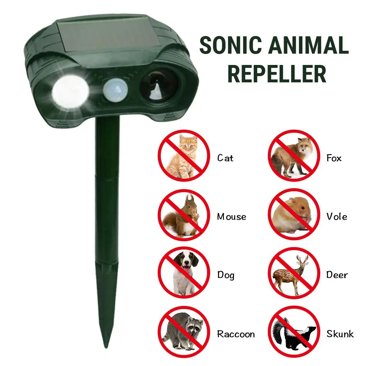 

IPx4Solar Ultrasonic Power Pest Control Repeller suit Cat Dog Animal Repeller+Flashing led light 110 degree 8m Infrared Sensor