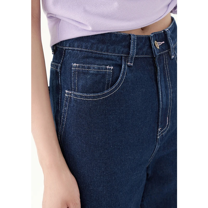 

Toyouth Women Jeans 2021 Summer Destruction Loose Straight Leg Dark Blue Casual Denim Pants