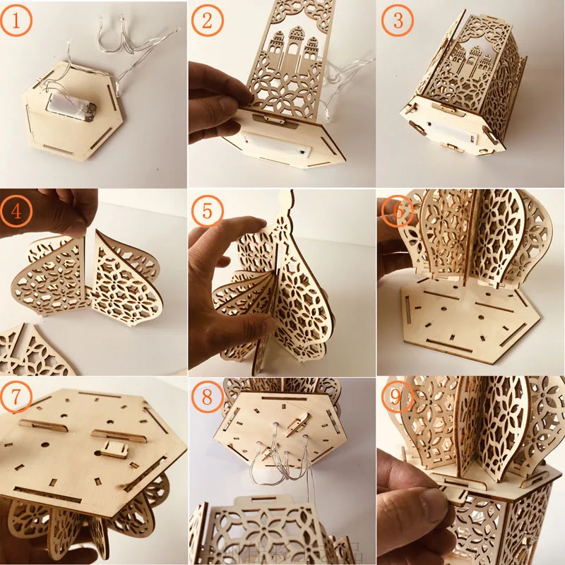 

Wooden Eid Desktop Decoration Mubarak Muslim Wood Crafts Warm Lights Lantern Ornaments For Eid Muslim Islam Ramadan Party Tools