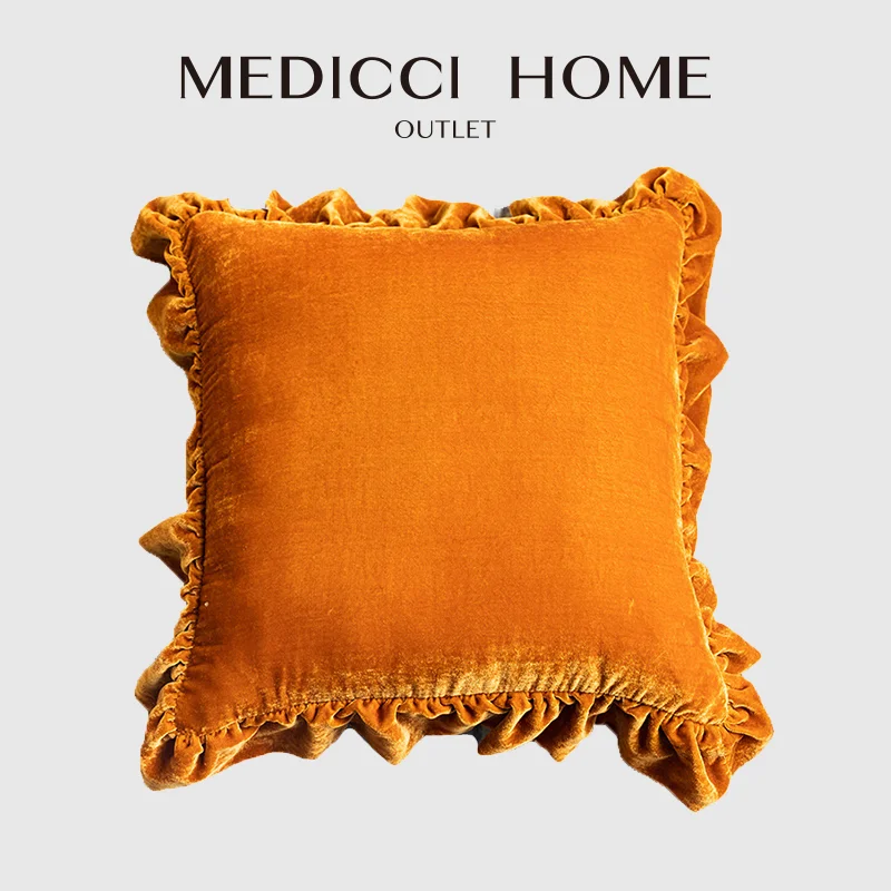 

Medicci Home Ruffled Euro Pillow Sham Decoration Durable Breathable Retro Orange Velvet Luxurious Cushion Cover French Style