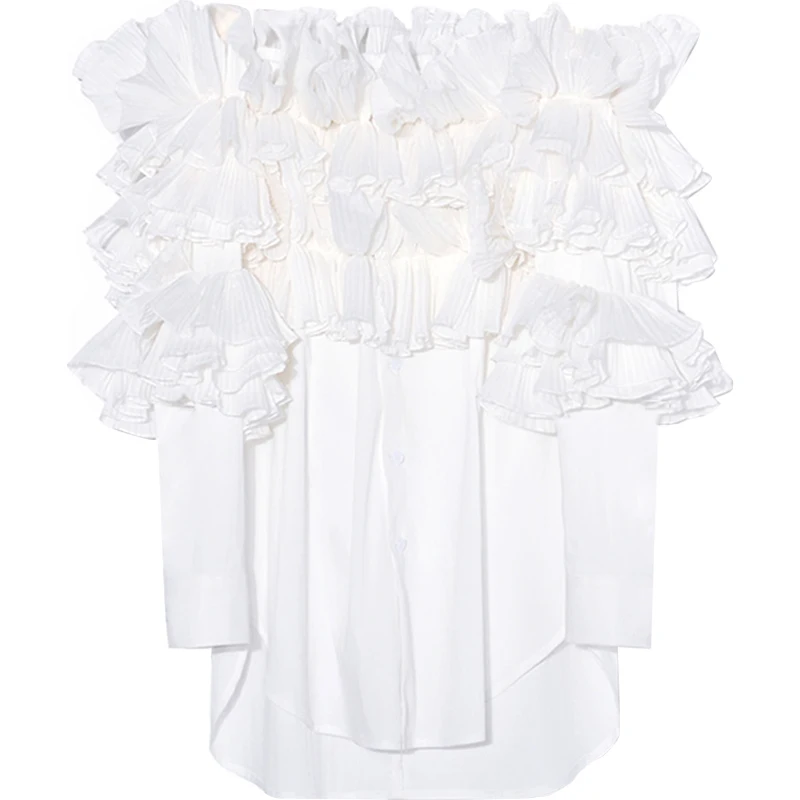 Женская Свободная блузка [EAM] белая с воротником-лодочкой длинными рукавами и