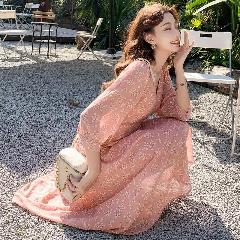 

Make spot good quality spring/summer chiffon pink floral dress lace-up waist skirt fairy's department