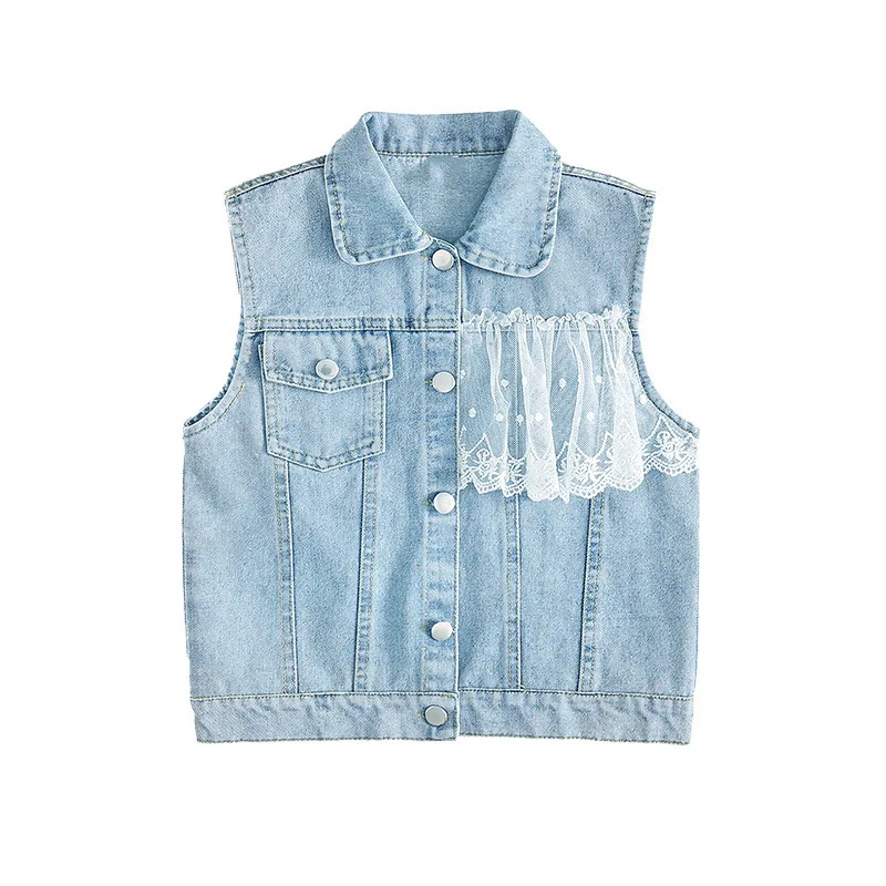 

Girls Denim Vest Autumn Children Outwear Splicing Lace Jacket for Kids Clothes Blue Teen Lapel Coat 2021 New Student Casual Tops