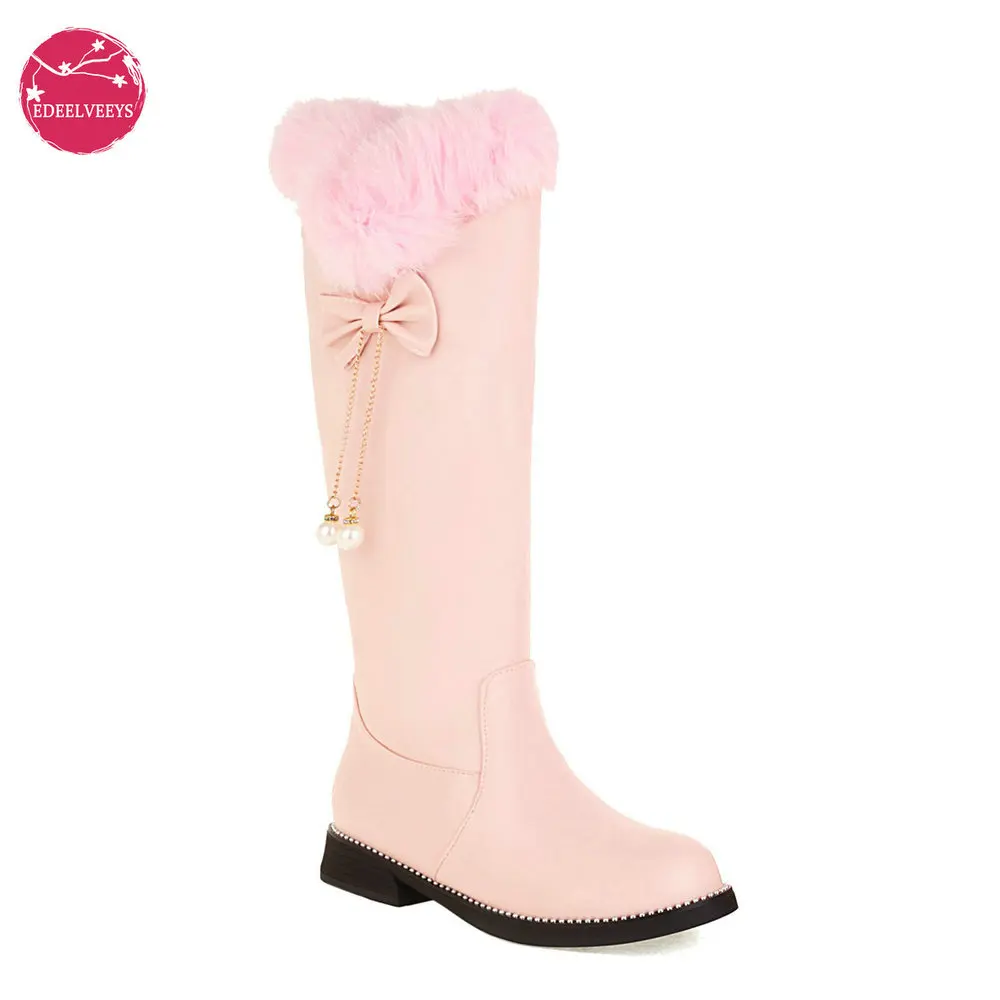 

Winter Warm Women's Sweet Lolita Bowknot Boots Rabbit Fur Plush Booties Chuncky Heels Low Heel Knee High Boots Pearl Pendant