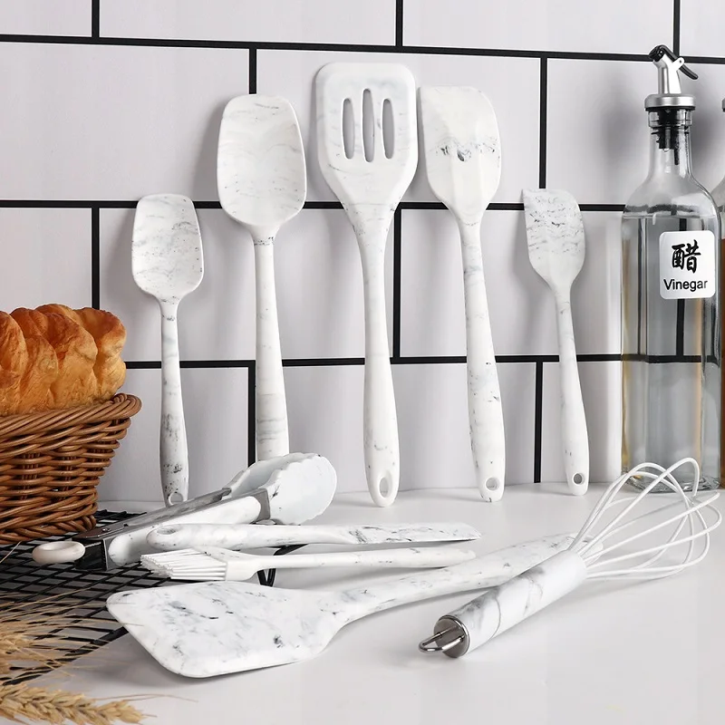 

10 Piece White Cookware Set Silicone Lines Granite Dinner Home Cookware Set Nonstick Camping Kit Panelas Kitchen Utensils EI50CW