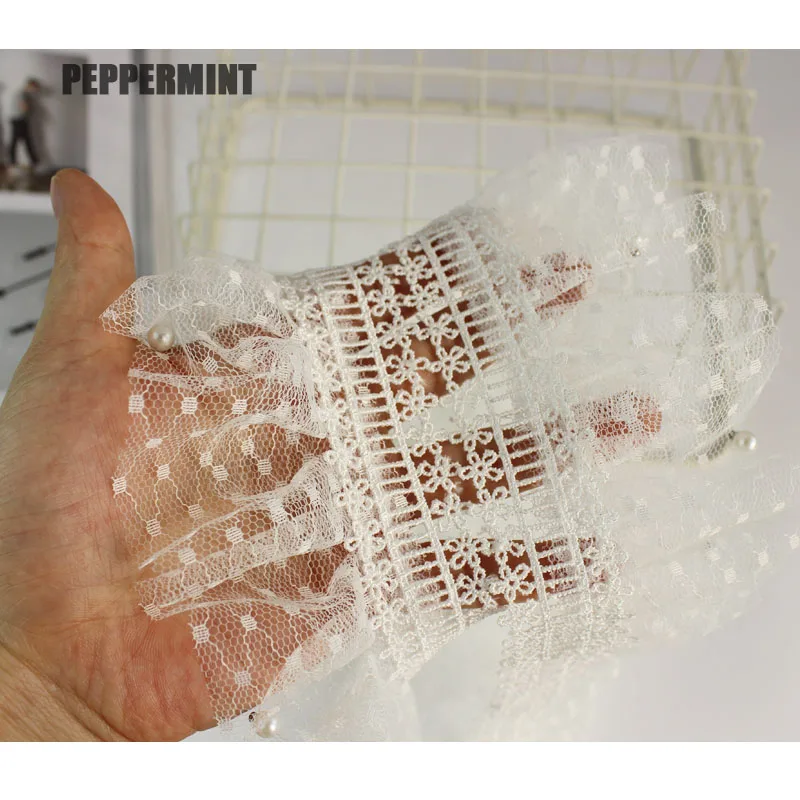 1yard Fringed Mesh Lace 7.5cm White Pleated Water Soluble Trimming Beaded Sewing accessory for garment | Дом и сад