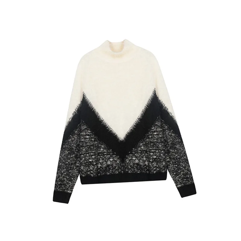 

Women Turtleneck Contrast Color Mohair Sweater Loose Crocheted Pullovers Long Sleeved Knitted Shirts Crop Tops 2019 Sueter Mujer