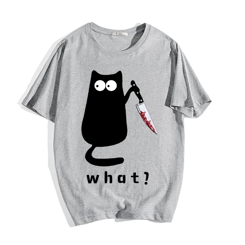 

Men T-shirt Women Summer Short Sleeve Harajuku Streetwear 2021 What cat printing white tee Korean style ins tops