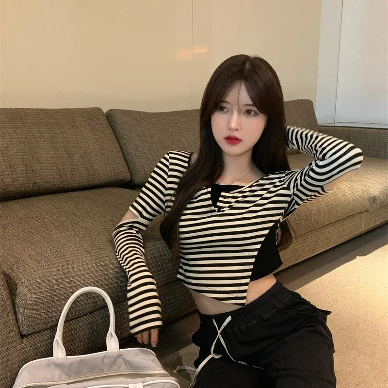 Полосатая футболка с длинным рукавом необычная из двух частей дизайнерская