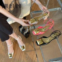 thick heels square toe patent leather metal buckle ankle strap women shoes slingback sandals muller slides solid color slip on