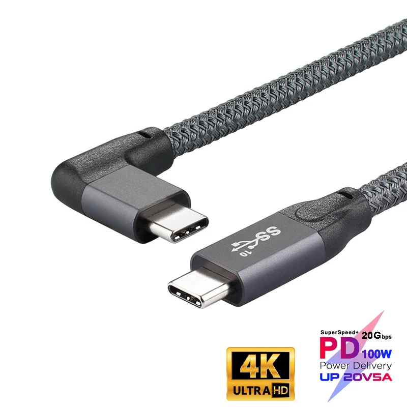 Кабель USB 100 Вт PD 5A изогнутый штекер-штекер Type-C 4K при 60 Гц 20 Гбит/с USB-C Gen 2 шнур для