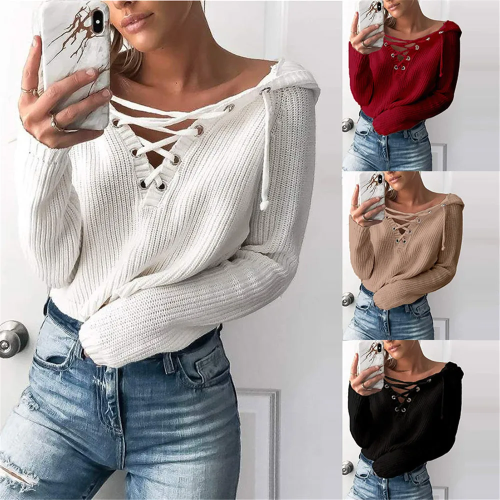 

Autumn Winter Womens Sweater Solid Color Sexy Bandage Hooded Long Sleeve Jumper Loose High Street Tops