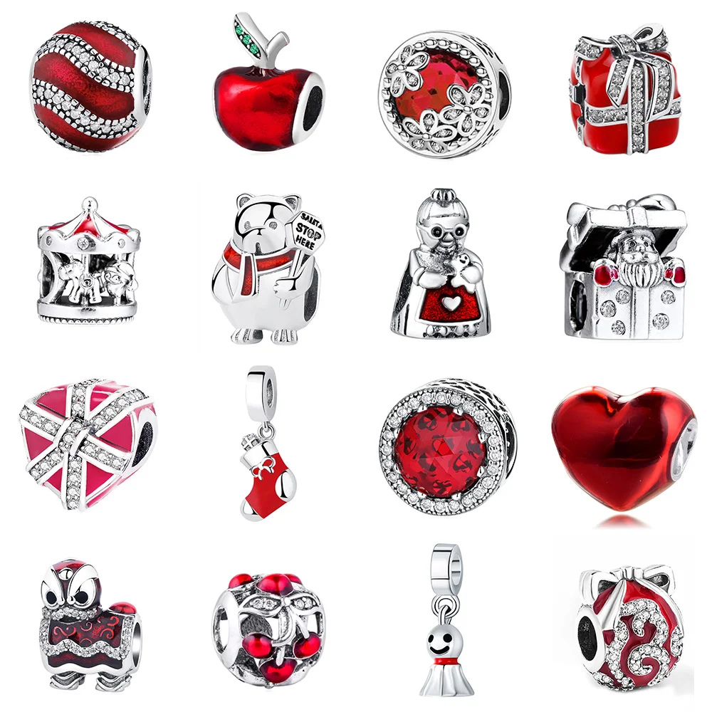 

Hot Sale Silver 925 Cute Bear Red Apple Carousel charms Beads for Gril Wedding Original Sterling Bracelet Sweet Jewelry gift DIY