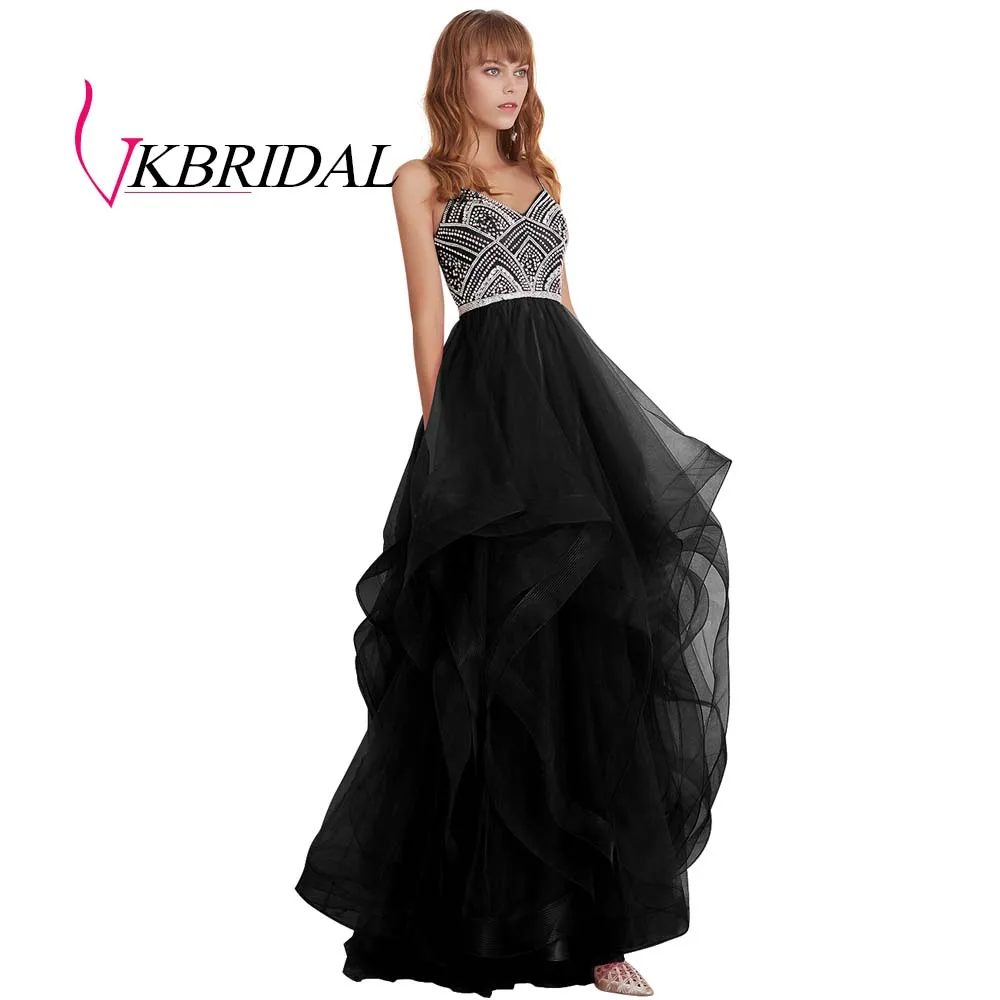 VKBRIDAL красные многоуровневые тюлевые платья для выпускного вечера новые Бальные платья с бисером и кристаллами официальное длинное вечернее платье - Цвет: Черный