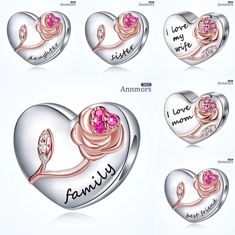 

Family Friend Mom Charm Heart Shape Rose Silver Plated Lettering Fit Original Pandora Bracelet Love Colored Zircon Pendant