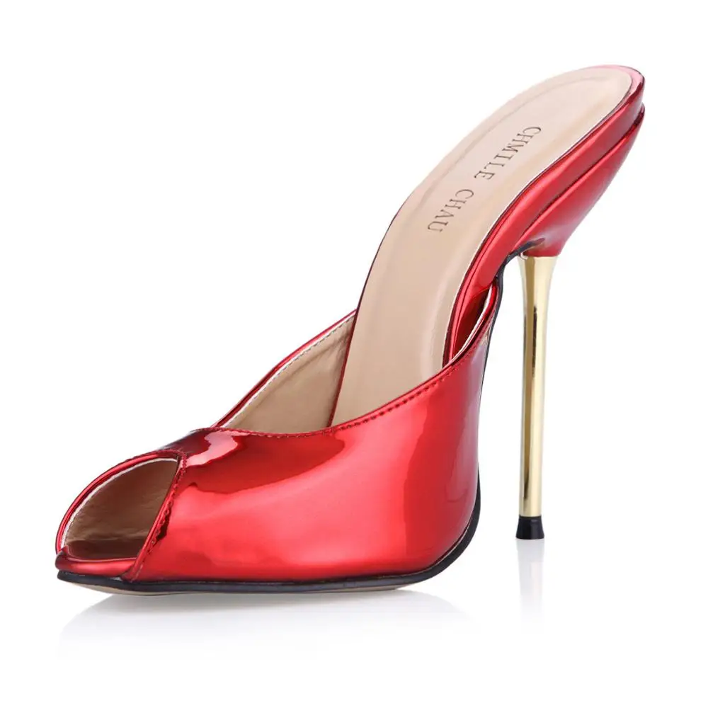 

Summer New 11cm High Heeled Sandals Patent Women Slide Sandals Stiletto Thin heel Peep Toe Sexy Party Dress Lady Shoe 5-FA5