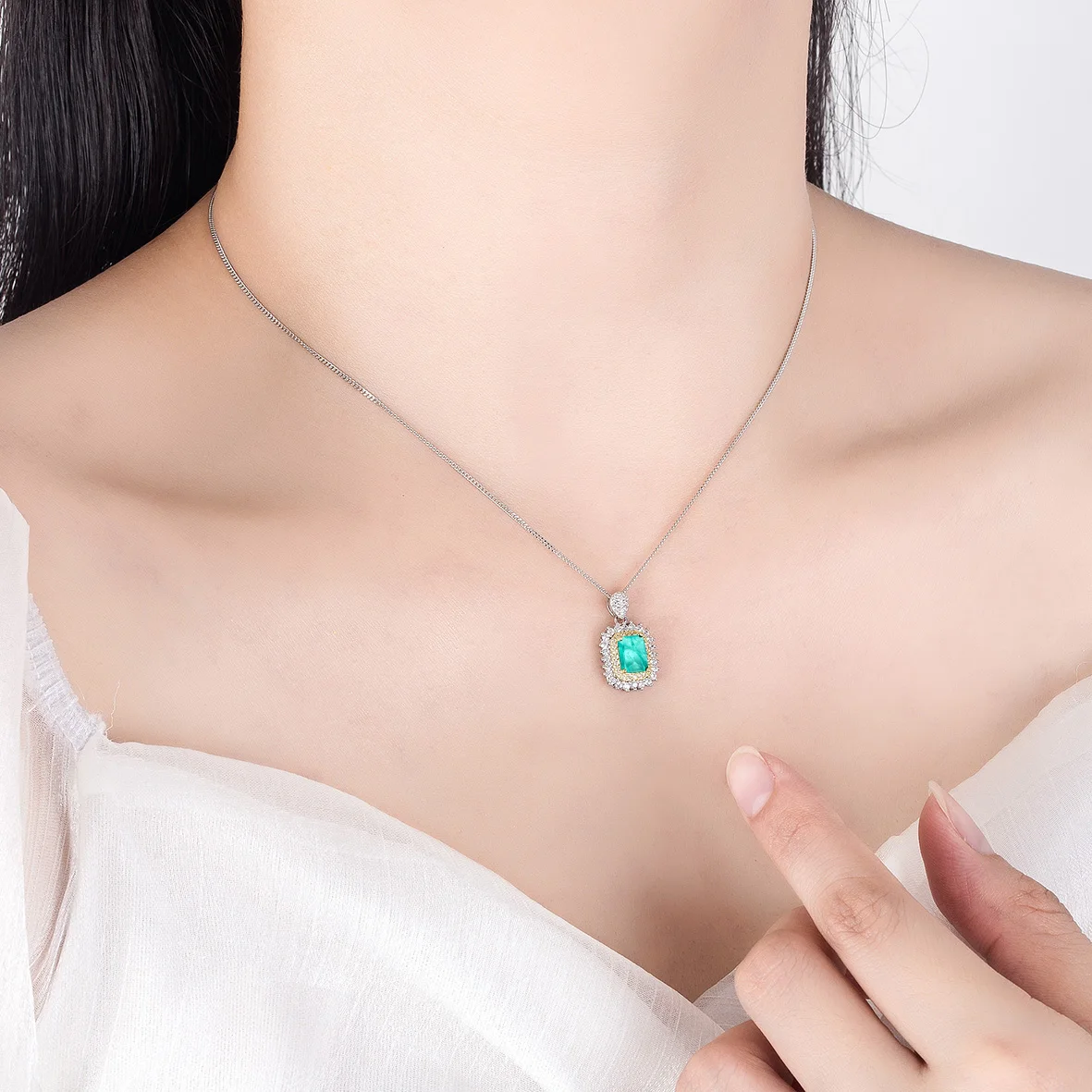

5*7mm Emerald Cut Green Tourmaline Pendant Two Tone Plated Necklace