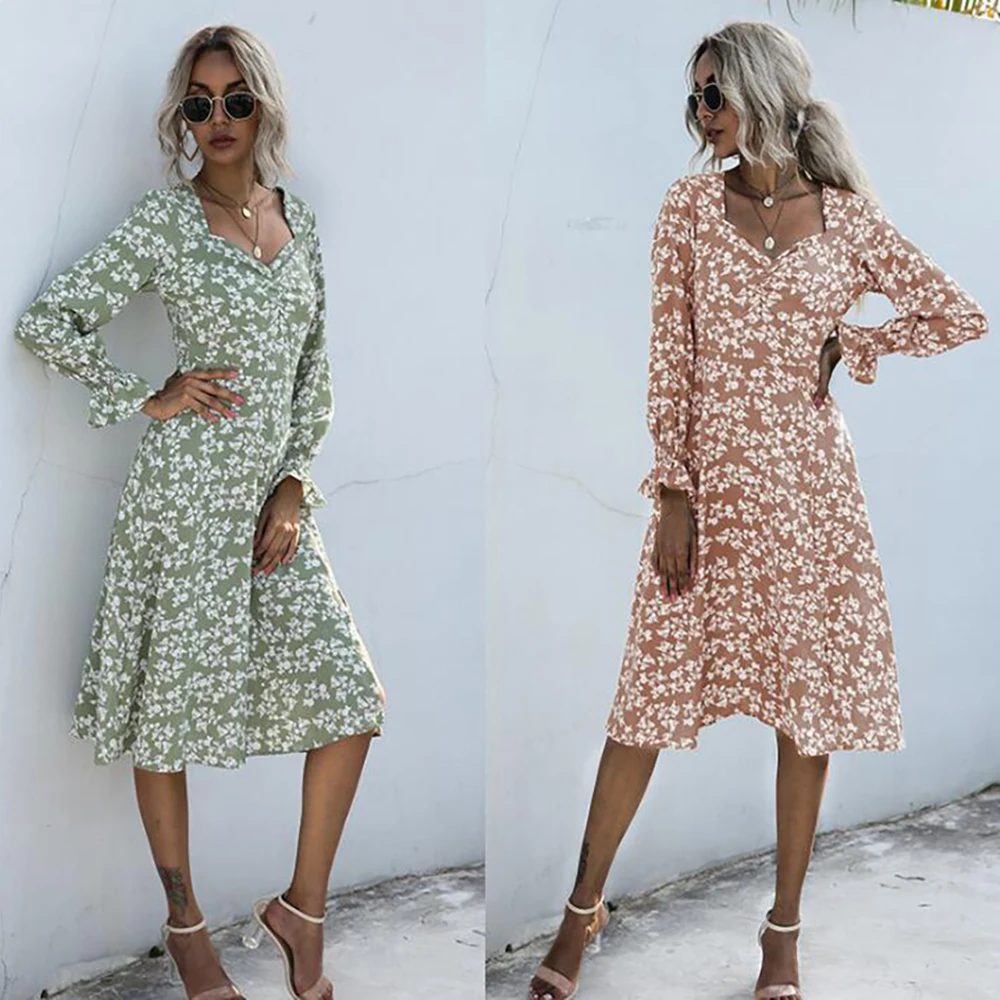 

Autumn Elegant Dress Women Long Sleeve V neck Fashion Casual Clothes Slim Floral Print Midi Ladies Dresses New Arrival 2020 Fall