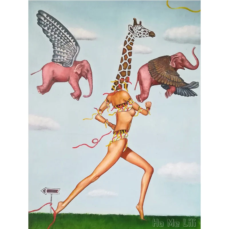 

Суперреалистичная картина маслом с изображением жирафа и летающих слонов, настенная Картина на холсте для гостиной, спальни, домашний декор