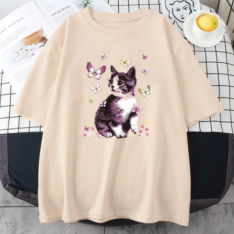 

T camisa de impressão de borboleta e gato das mulheres verão manga curta solta o pescoço streetwear camisetas harajuku feminino