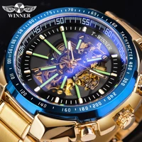 winner blue light glass new fashion mens watches black golden stainless steel waterproof sport automatic watch luminous clock