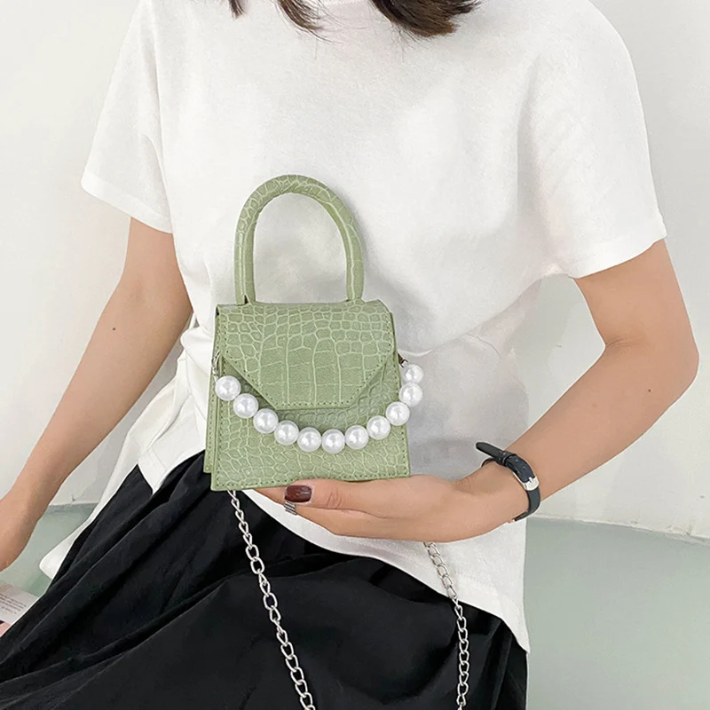 

2021 Fashion Pearl Beaded Shoulder Bag For Women Luxury Designer Handbag Solid Alligator Chain Crossbody Bag Party Purse X155H