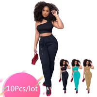 bulk items wholesale lots women sets solid sleeveless one shoulder crop top stacked pants fall two piece fitness matching set